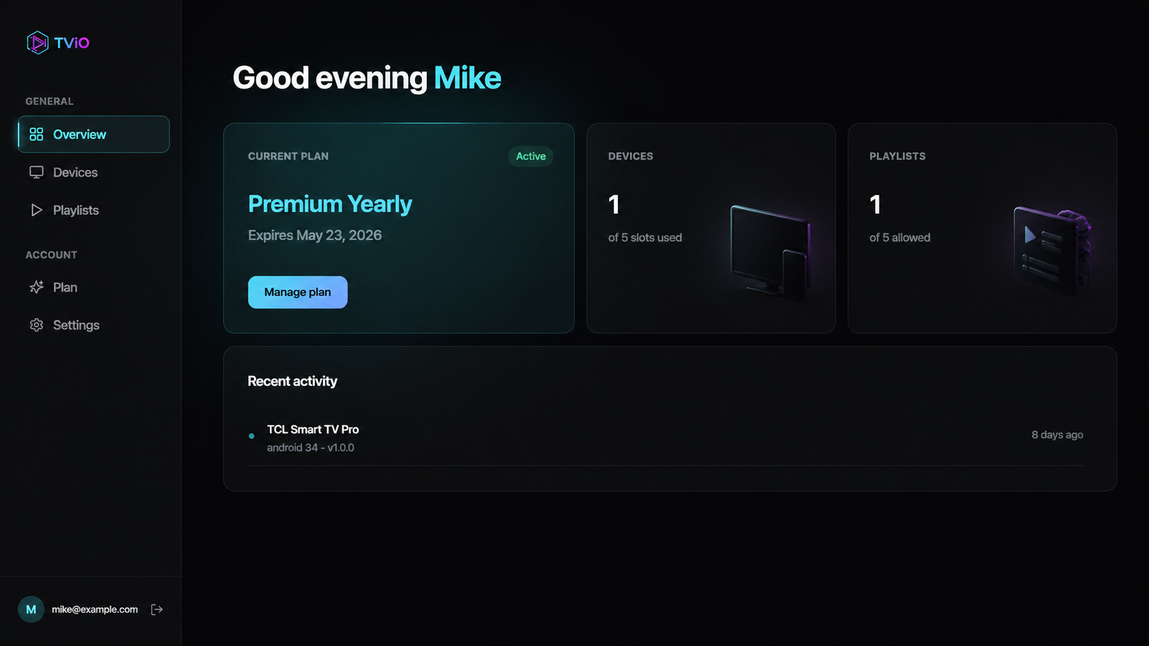 TViO companion dashboard showing plan, devices and playlists