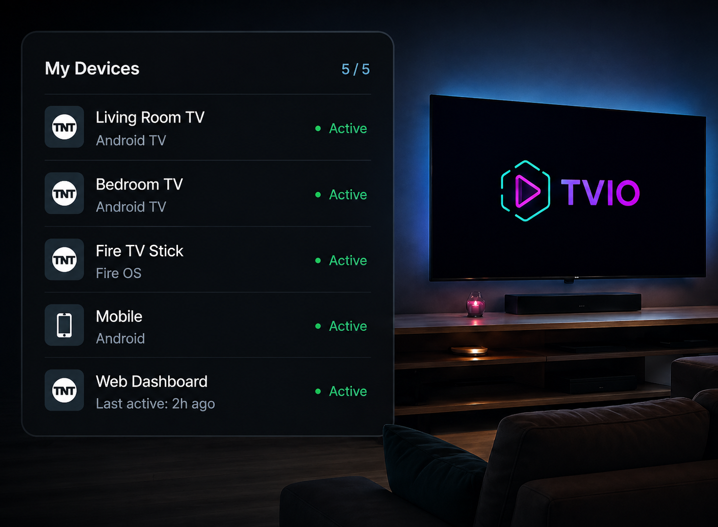 TViO devices screen showing connected devices and TV setup